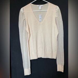 WHBM NWT Beige V-Neck Sheer Sleeve Blouse (Size XXS, M,L,XL)